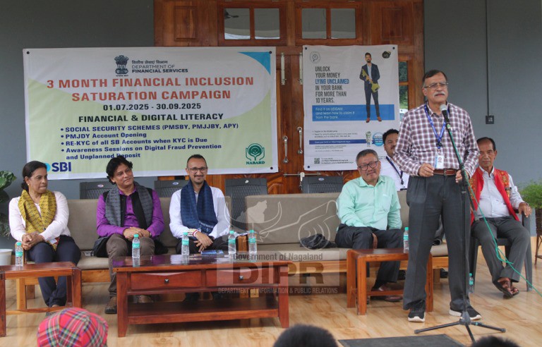 Chief General Manager, FIDD, RBI CO, R Giridharan, speaking at the Saturation Campaign for Financial Inclusion schemes, organized by the Financial Inclusion and Development Department, Kohima, at Sirhima village GP, Medziphema block on August 30. (DIPR Photo)